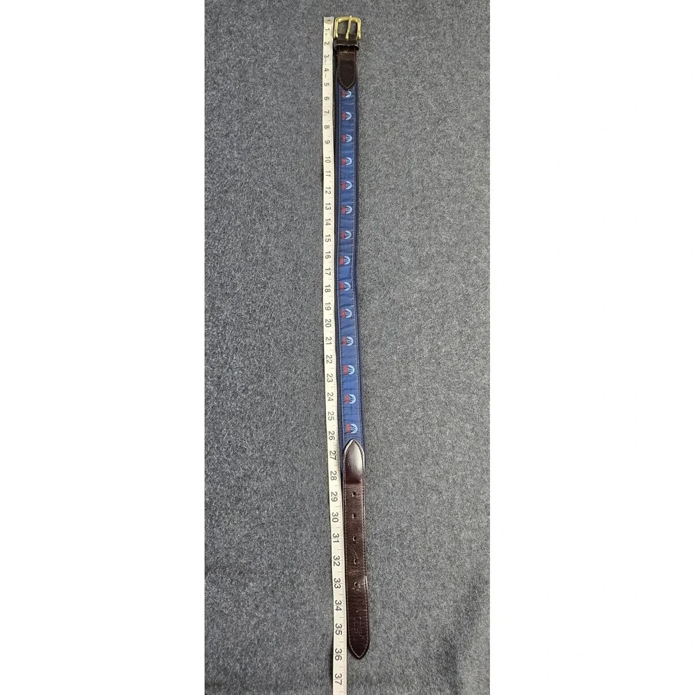 Vineyard Vines Belt Mens Size 30 Blue SMS Logo‎ Ribbon Leather Brass Buckle USA